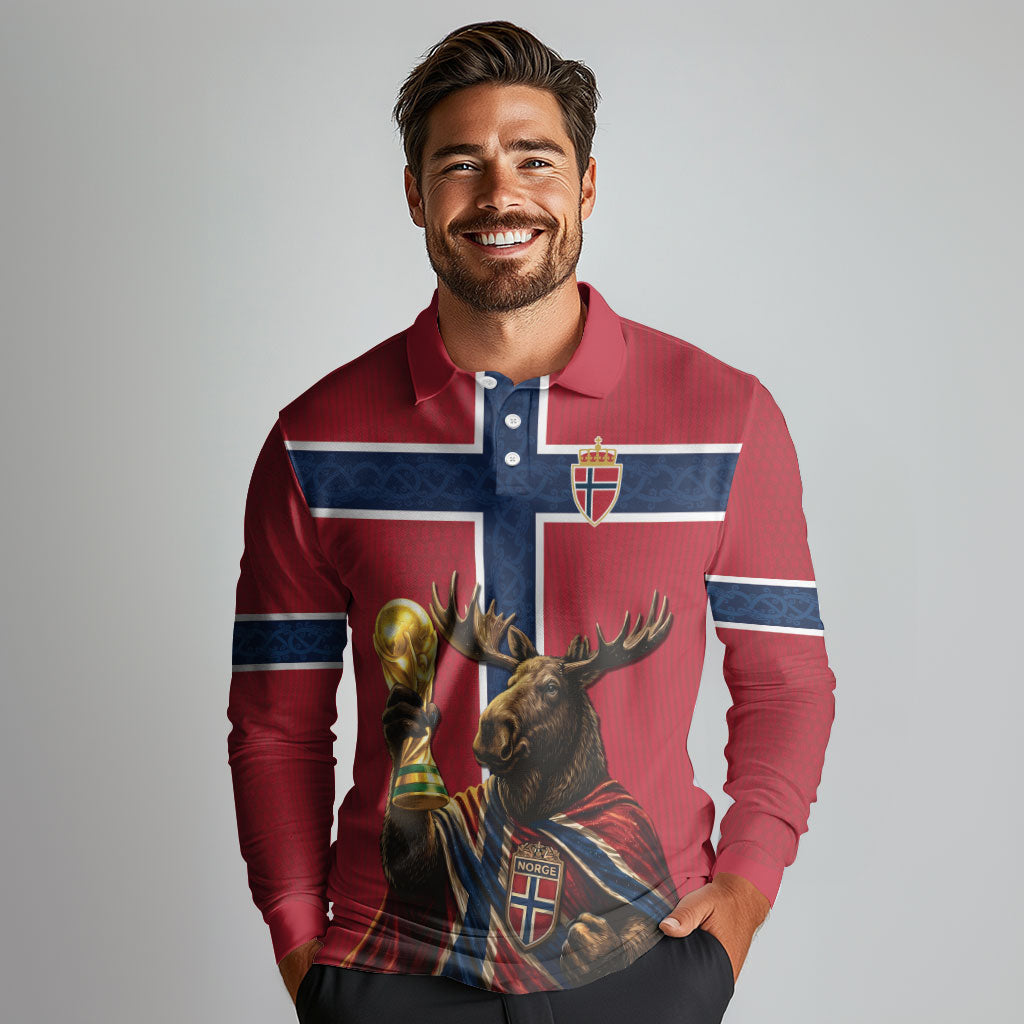 Custom World Football 2026 Norway Long Sleeve Polo Shirt Viking Moose Trophy Champion