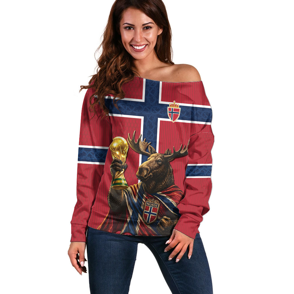Custom World Football 2026 Norway Off Shoulder Sweater Viking Moose Trophy Champion