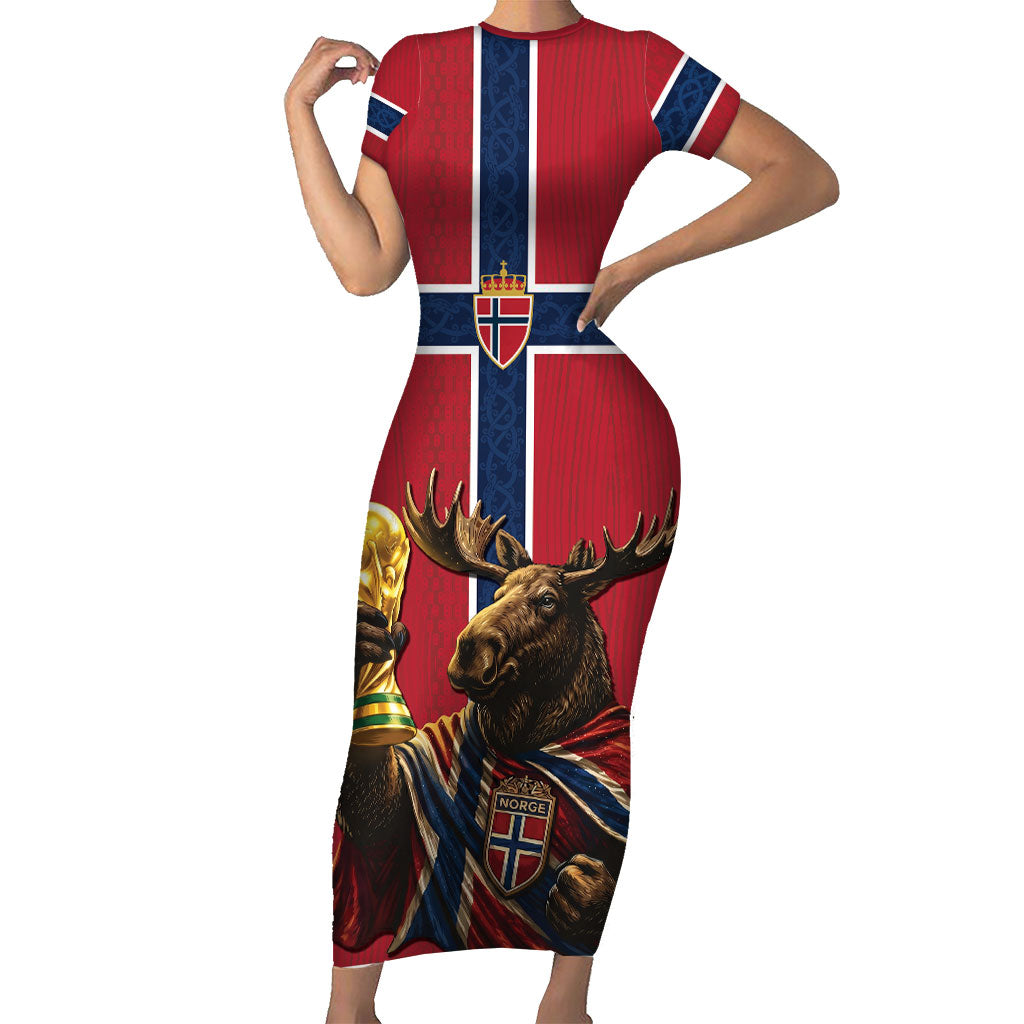 Custom World Football 2026 Norway Short Sleeve Bodycon Dress Viking Moose Trophy Champion