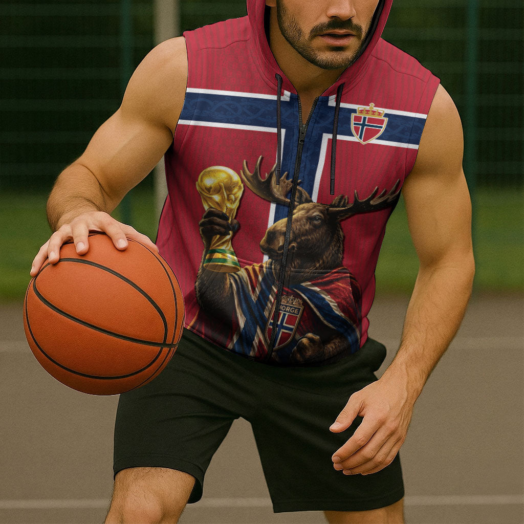 Custom World Football 2026 Norway Sleeveless Zip Hoodie Viking Moose Trophy Champion