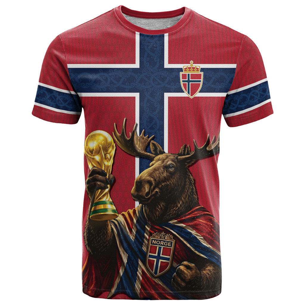 Custom World Football 2026 Norway T Shirt Viking Moose Trophy Champion