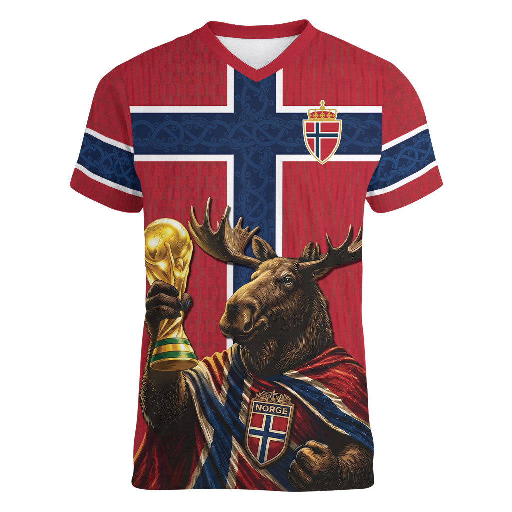 Custom World Football 2026 Norway Women V-Neck T-Shirt Viking Moose Trophy Champion