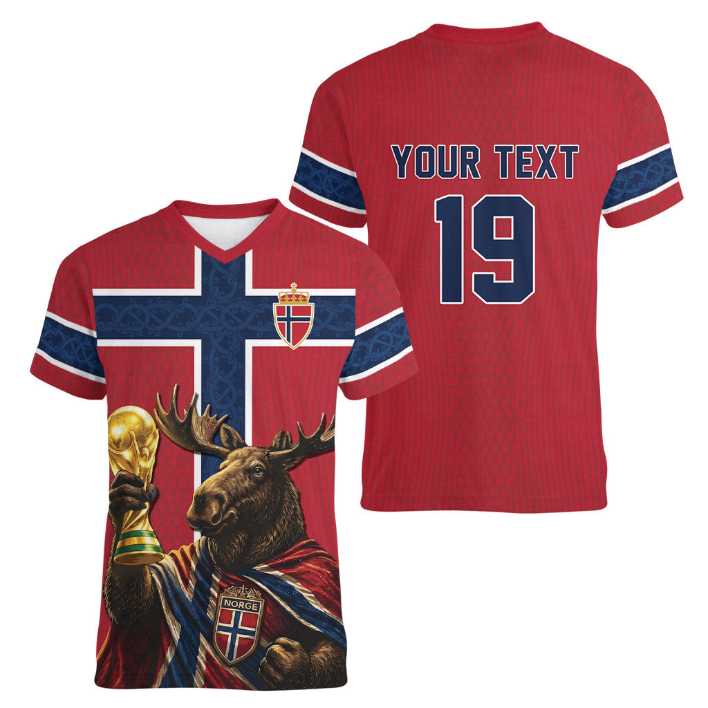Custom World Football 2026 Norway Women V-Neck T-Shirt Viking Moose Trophy Champion