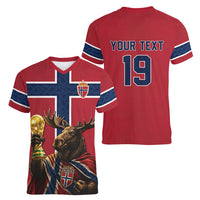 Custom World Football 2026 Norway Women V-Neck T-Shirt Viking Moose Trophy Champion