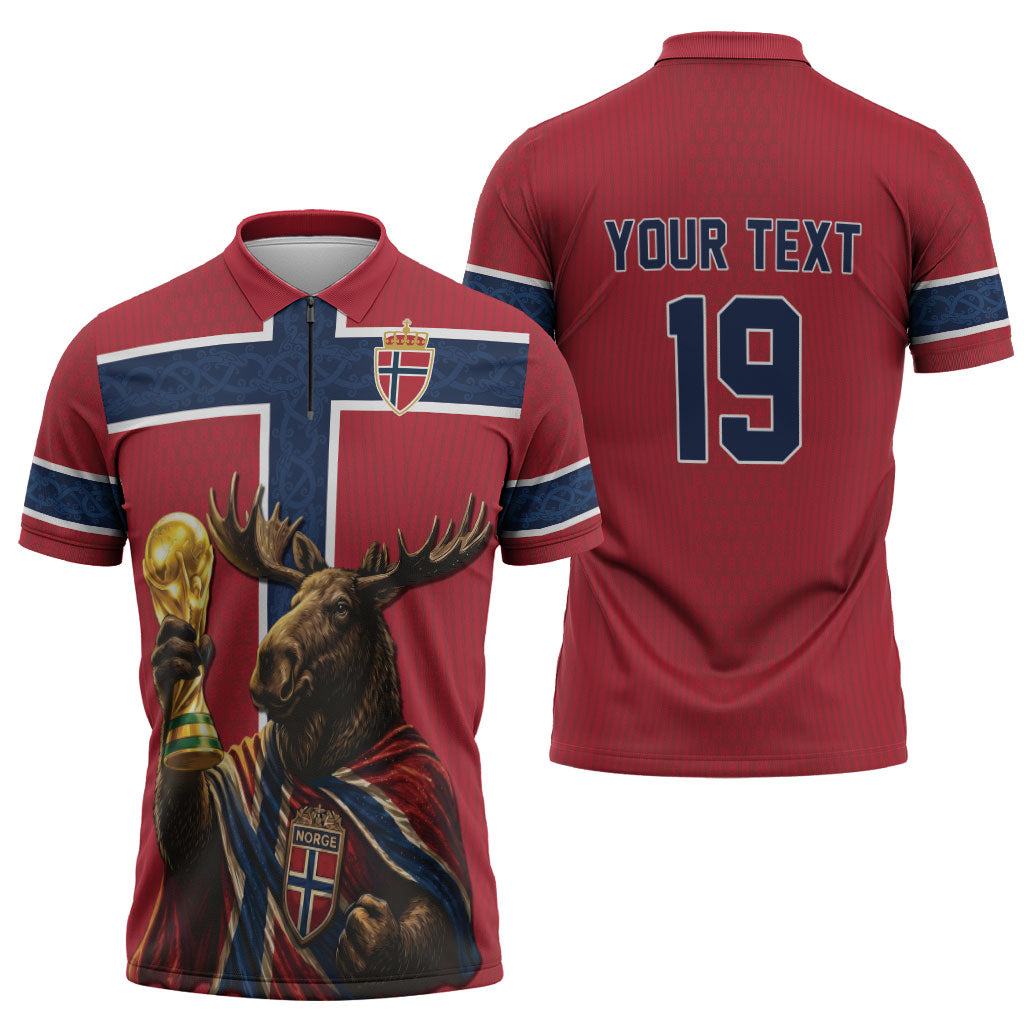 Custom World Football 2026 Norway Zipper Polo Shirt Viking Moose Trophy Champion