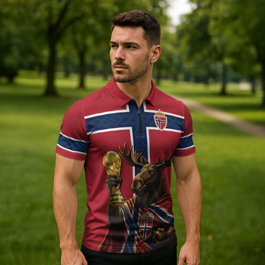 Custom World Football 2026 Norway Zipper Polo Shirt Viking Moose Trophy Champion