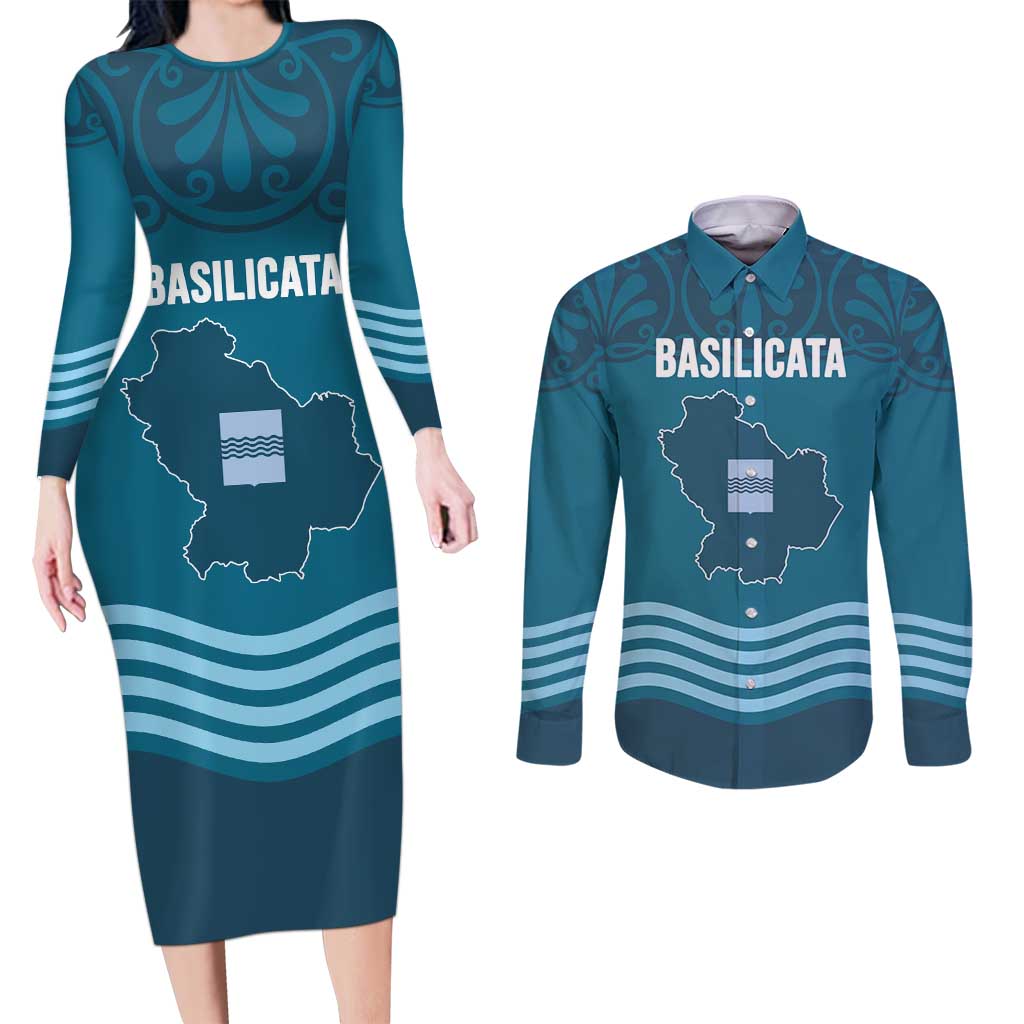 Italy Basilicata Couples Matching Long Sleeve Bodycon Dress and Long Sleeve Button Shirt Map With Flag Style - Wonder Print Shop