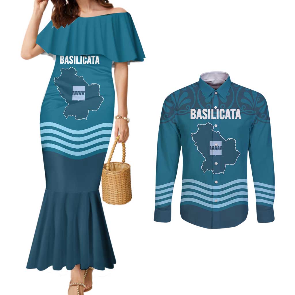Italy Basilicata Couples Matching Mermaid Dress and Long Sleeve Button Shirt Map With Flag Style - Wonder Print Shop