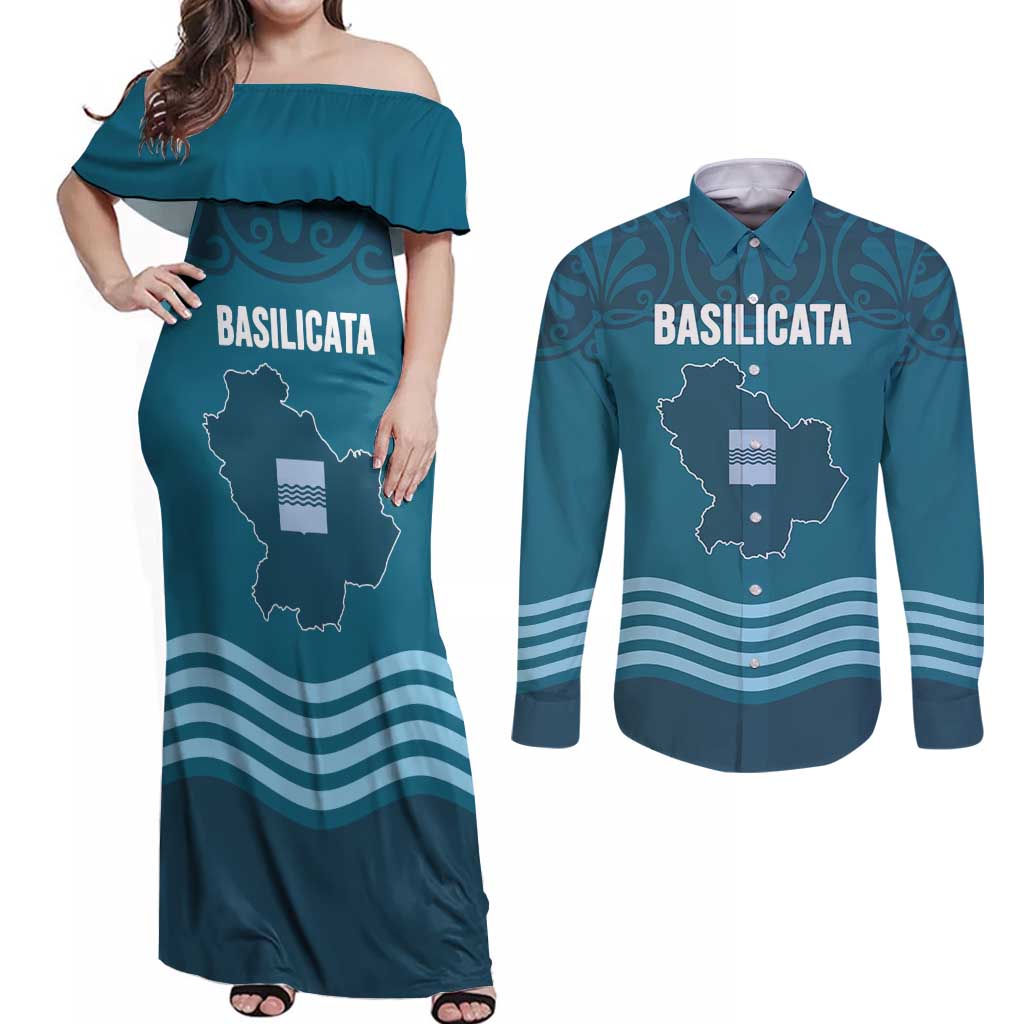 Italy Basilicata Couples Matching Off Shoulder Maxi Dress and Long Sleeve Button Shirt Map With Flag Style - Wonder Print Shop