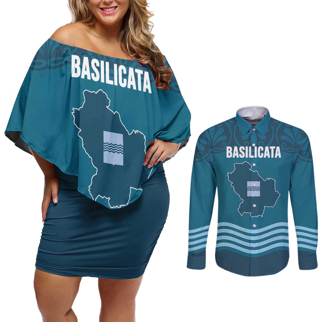 Italy Basilicata Couples Matching Off Shoulder Short Dress and Long Sleeve Button Shirt Map With Flag Style - Wonder Print Shop