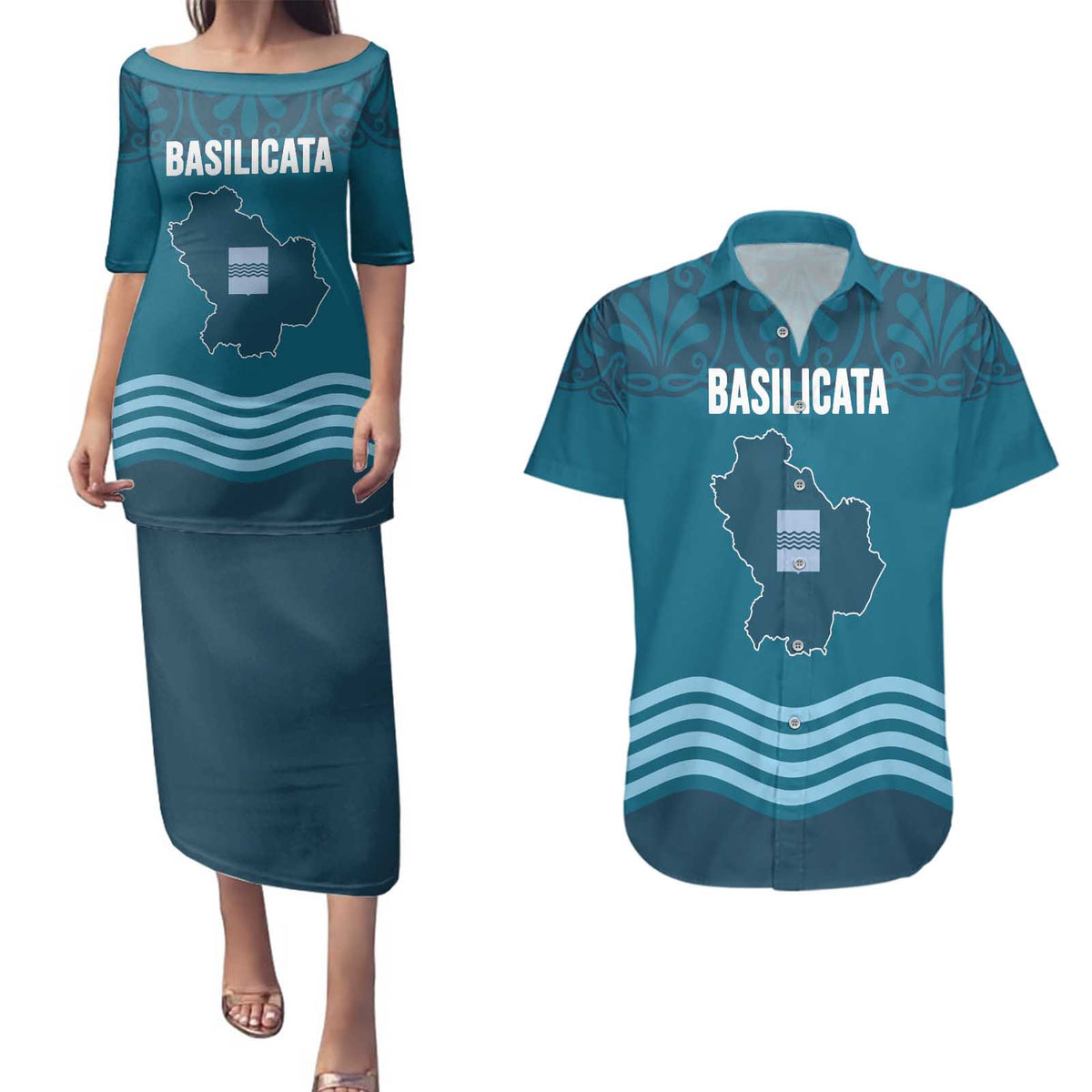 Italy Basilicata Couples Matching Puletasi and Hawaiian Shirt Map With Flag Style - Wonder Print Shop