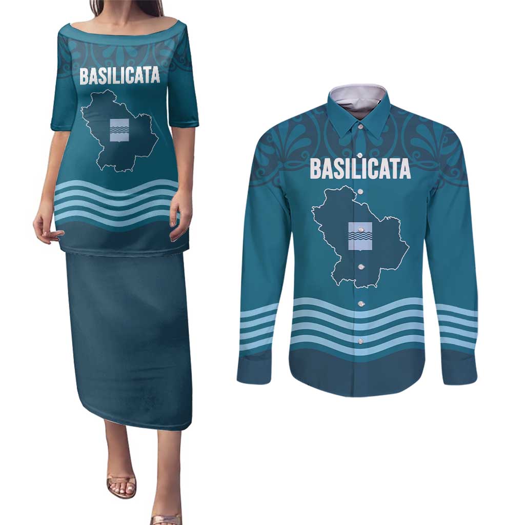Italy Basilicata Couples Matching Puletasi and Long Sleeve Button Shirt Map With Flag Style - Wonder Print Shop