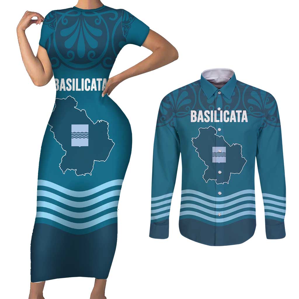 Italy Basilicata Couples Matching Short Sleeve Bodycon Dress and Long Sleeve Button Shirt Map With Flag Style - Wonder Print Shop