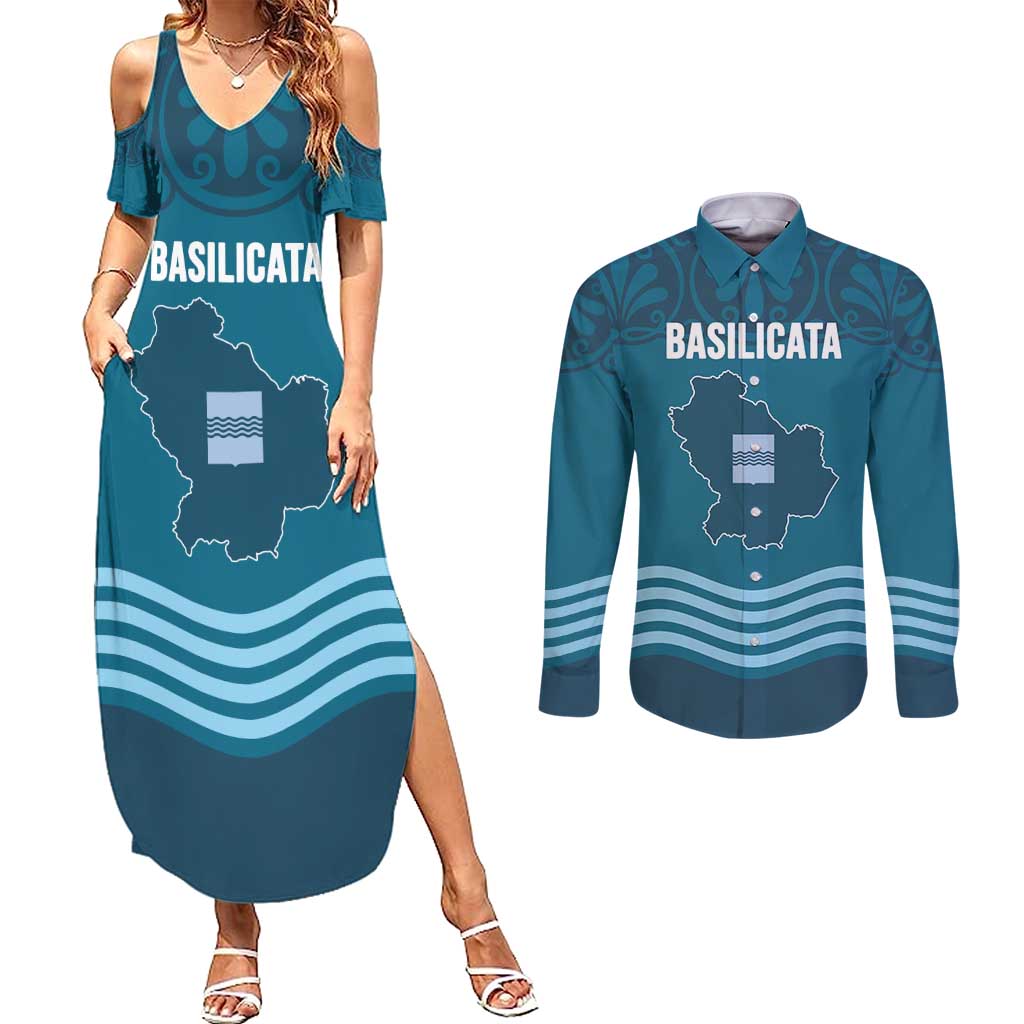 Italy Basilicata Couples Matching Summer Maxi Dress and Long Sleeve Button Shirt Map With Flag Style - Wonder Print Shop