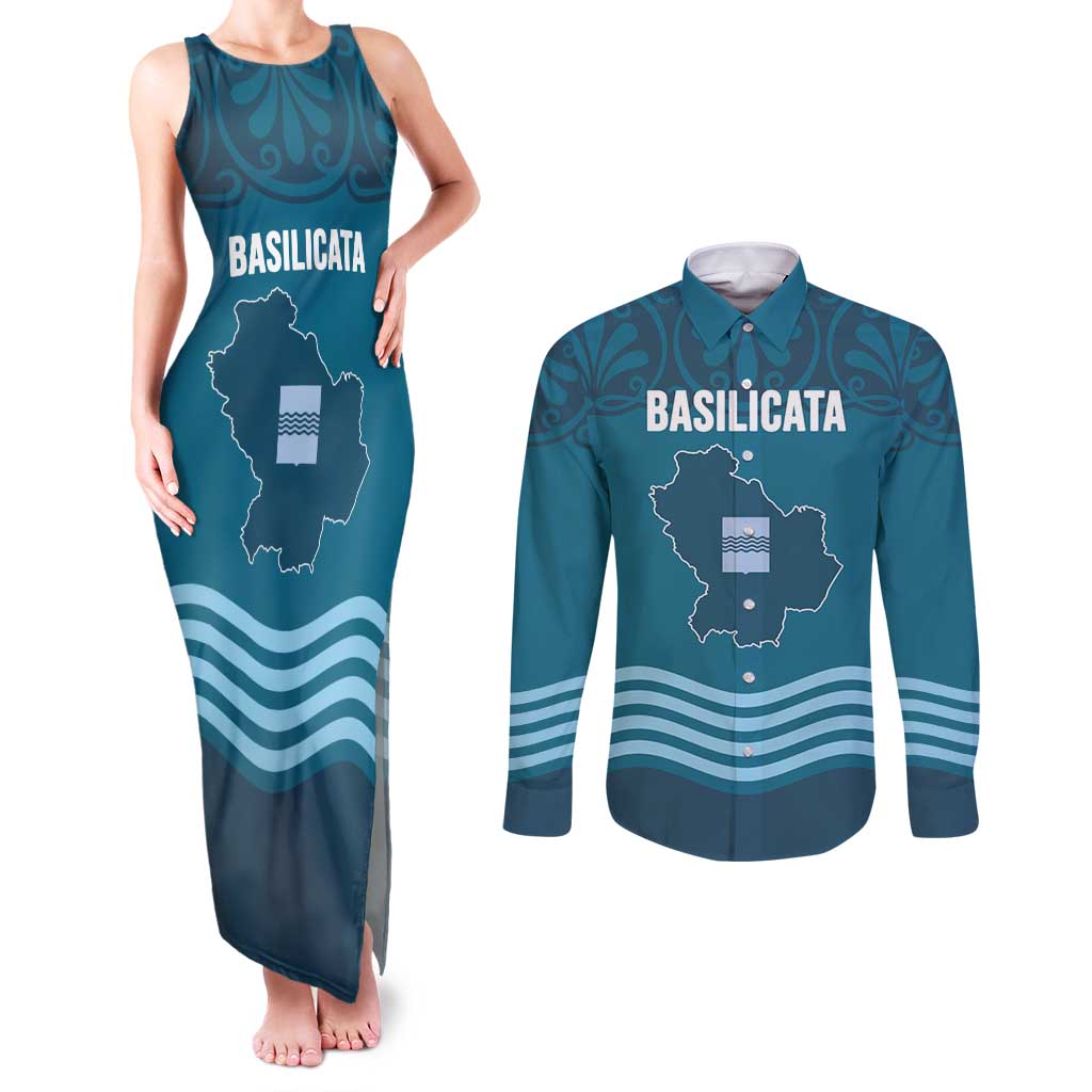 Italy Basilicata Couples Matching Tank Maxi Dress and Long Sleeve Button Shirt Map With Flag Style - Wonder Print Shop