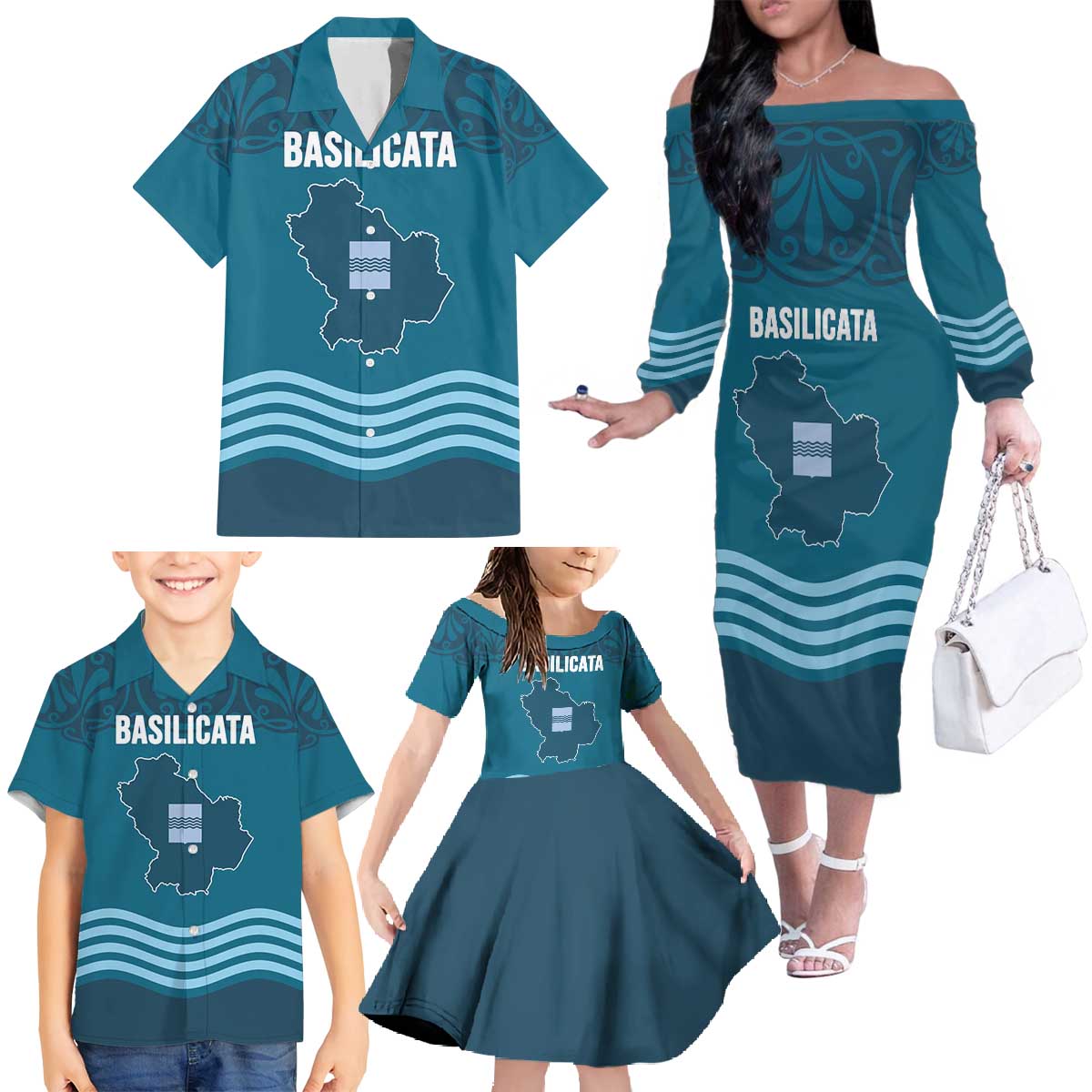 Italy Basilicata Family Matching Off The Shoulder Long Sleeve Dress and Hawaiian Shirt Map With Flag Style - Wonder Print Shop