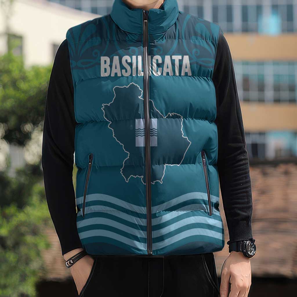 Italy Basilicata Sleeveless Puffer Jacket Map With Flag Style - Wonder Print Shop