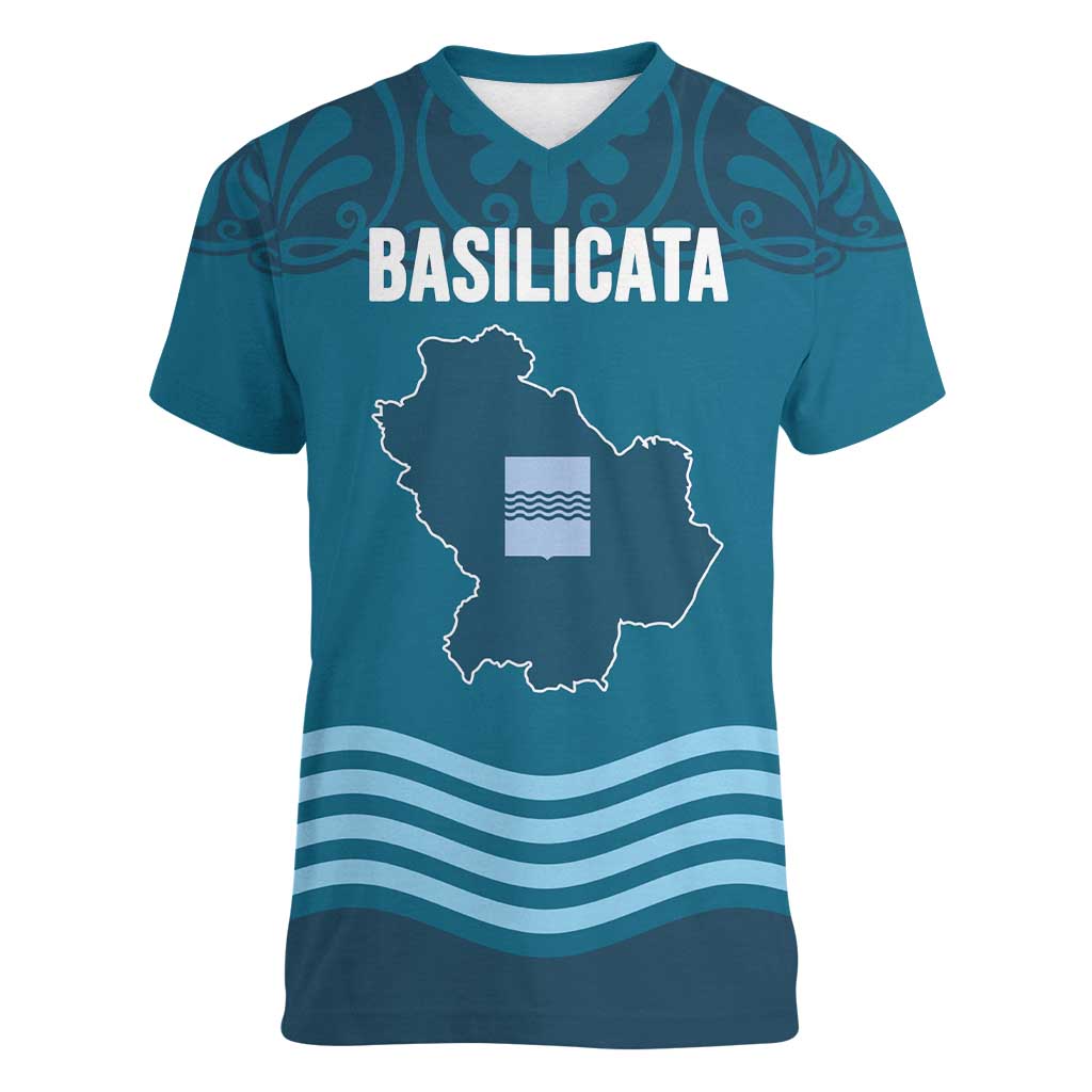 Italy Basilicata Women V-Neck T-Shirt Map With Flag Style - Wonder Print Shop