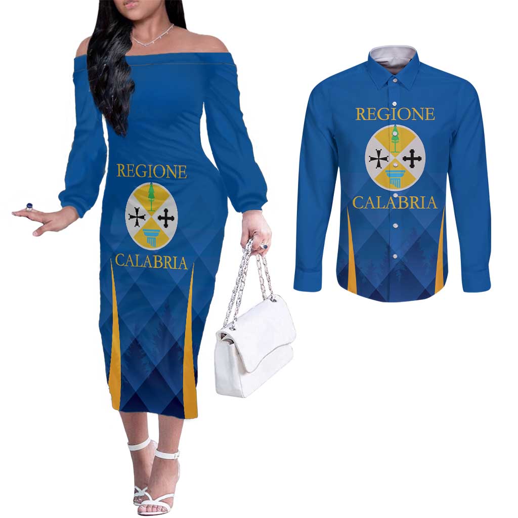 Italy Calabria Couples Matching Off The Shoulder Long Sleeve Dress and Long Sleeve Button Shirt Flag Style - Wonder Print Shop