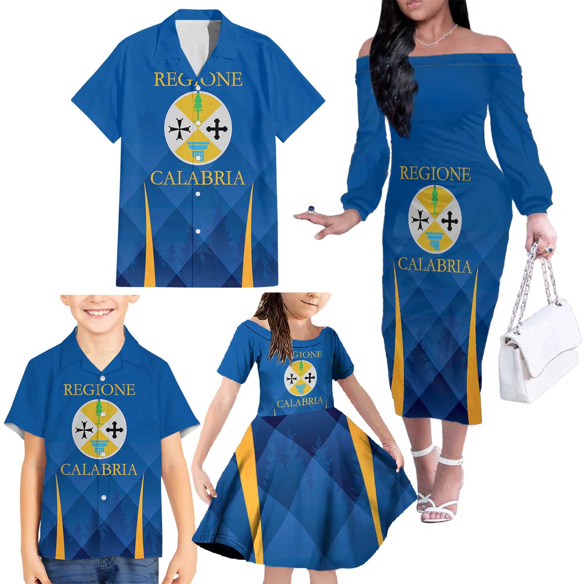 Italy Calabria Family Matching Off The Shoulder Long Sleeve Dress and Hawaiian Shirt Flag Style - Wonder Print Shop