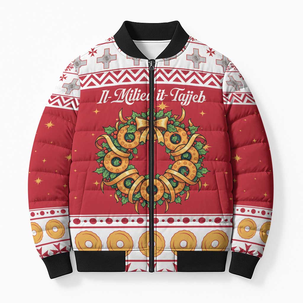 Malta Christmas Bomber Puffer Jacket Maltese Honey Rings - Wonder Print Shop