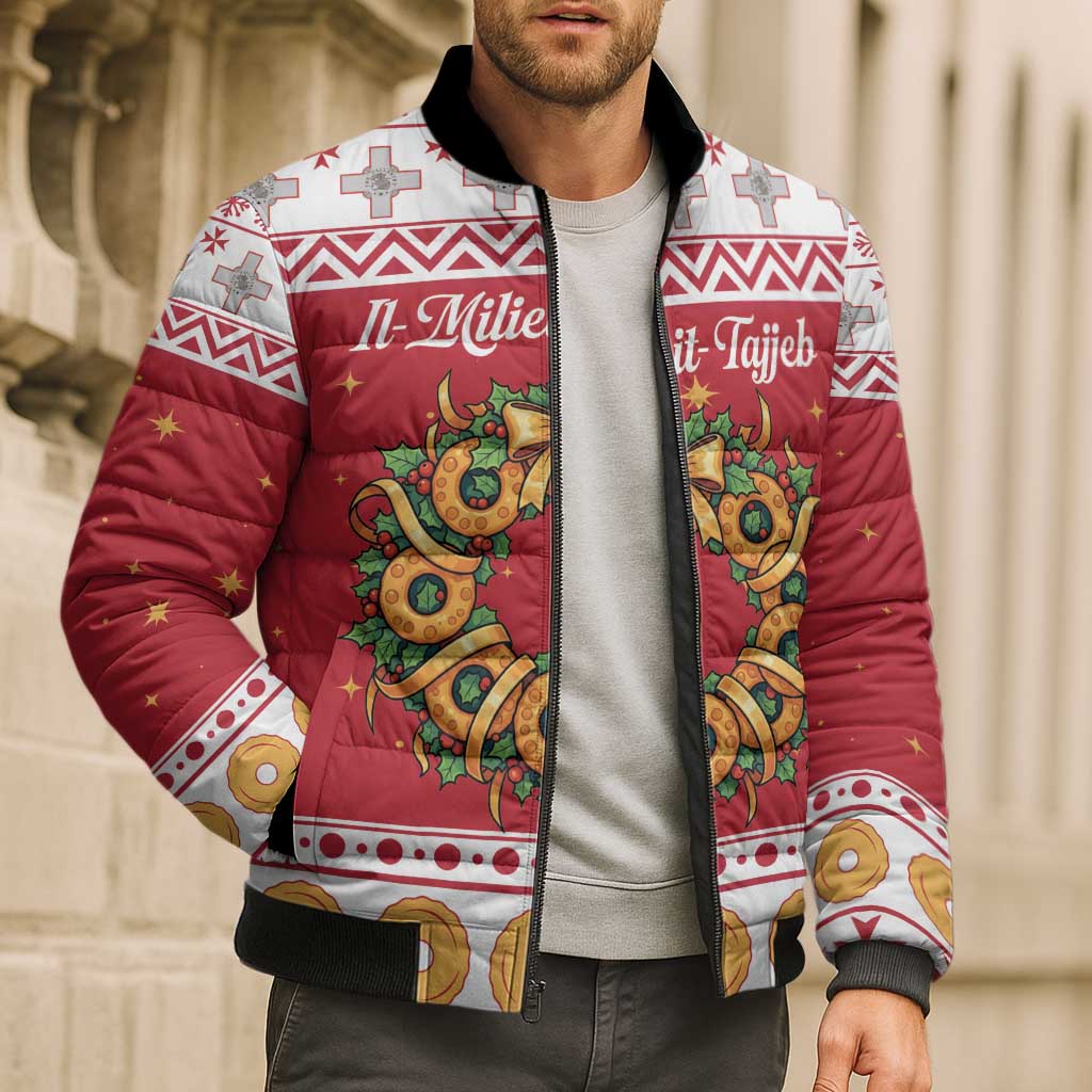 Malta Christmas Bomber Puffer Jacket Maltese Honey Rings - Wonder Print Shop