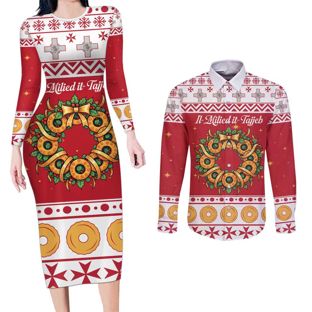 Malta Christmas Couples Matching Long Sleeve Bodycon Dress and Long Sleeve Button Shirt Maltese Honey Rings - Wonder Print Shop