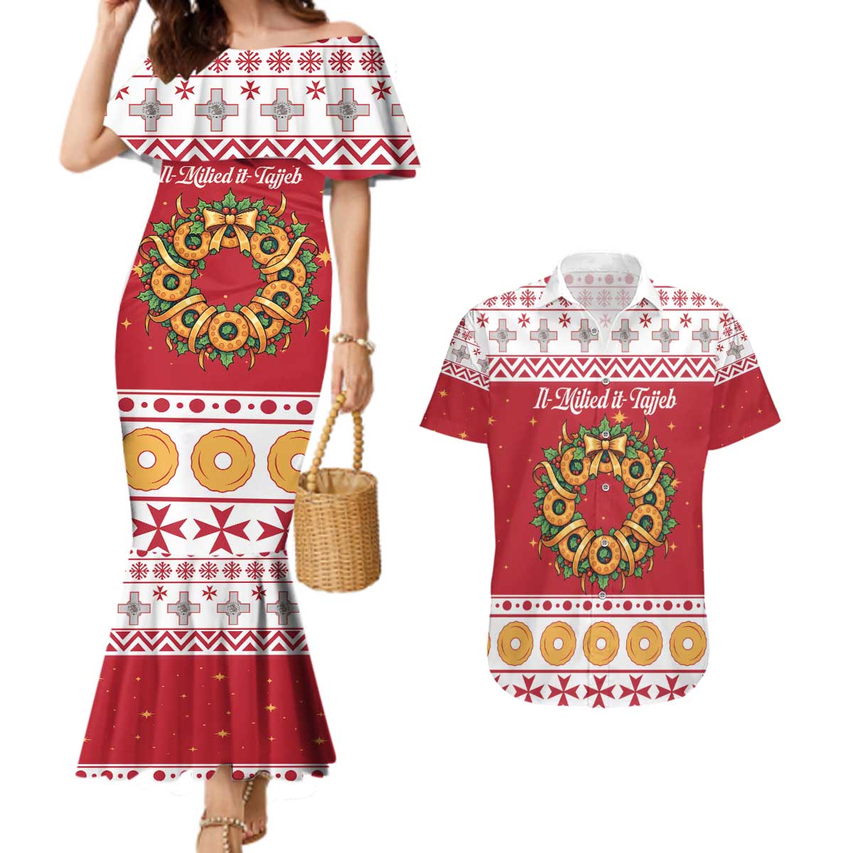 Malta Christmas Couples Matching Mermaid Dress and Hawaiian Shirt Maltese Honey Rings - Wonder Print Shop