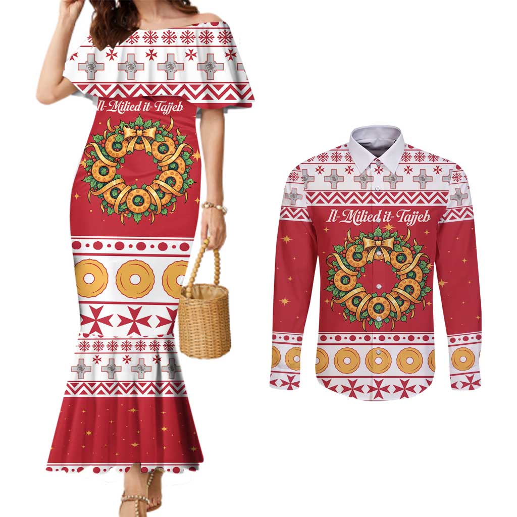 Malta Christmas Couples Matching Mermaid Dress and Long Sleeve Button Shirt Maltese Honey Rings - Wonder Print Shop