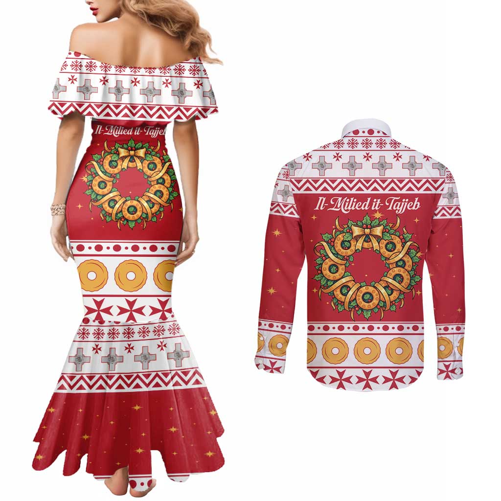 Malta Christmas Couples Matching Mermaid Dress and Long Sleeve Button Shirt Maltese Honey Rings - Wonder Print Shop