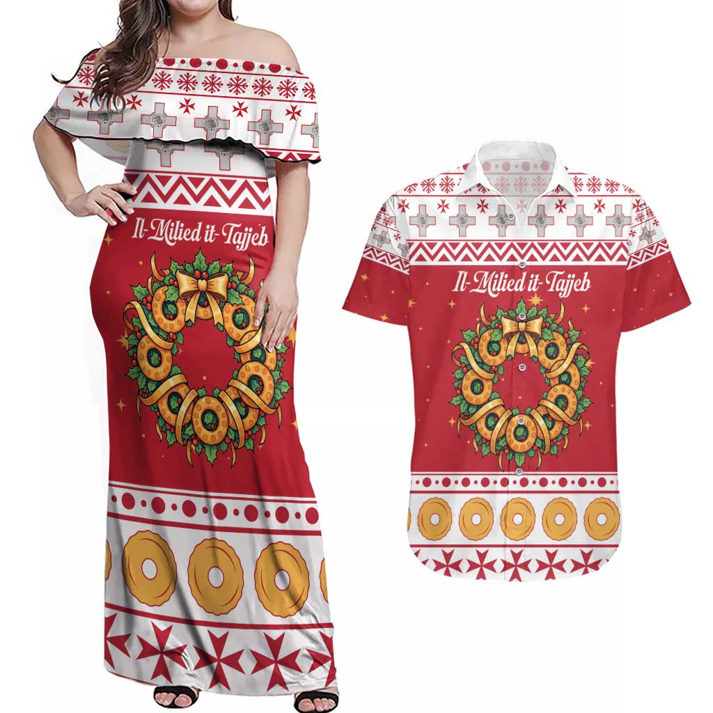 Malta Christmas Couples Matching Off Shoulder Maxi Dress and Hawaiian Shirt Maltese Honey Rings - Wonder Print Shop