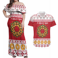 Malta Christmas Couples Matching Off Shoulder Maxi Dress and Hawaiian Shirt Maltese Honey Rings - Wonder Print Shop