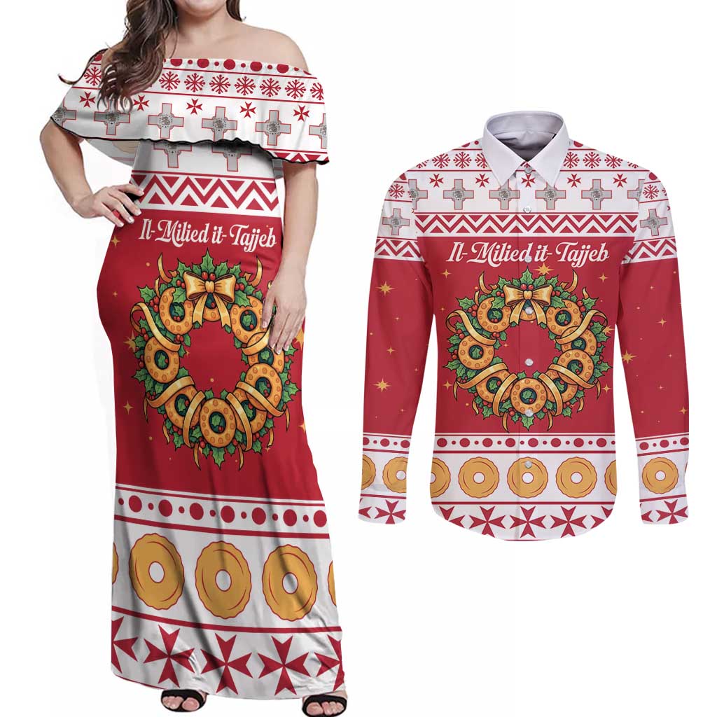 Malta Christmas Couples Matching Off Shoulder Maxi Dress and Long Sleeve Button Shirt Maltese Honey Rings - Wonder Print Shop