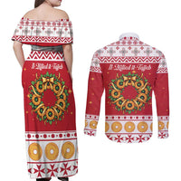 Malta Christmas Couples Matching Off Shoulder Maxi Dress and Long Sleeve Button Shirt Maltese Honey Rings - Wonder Print Shop