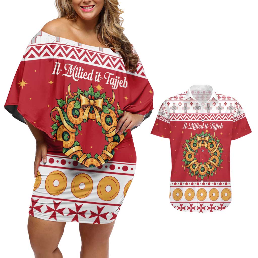 Malta Christmas Couples Matching Off Shoulder Short Dress and Hawaiian Shirt Maltese Honey Rings - Wonder Print Shop