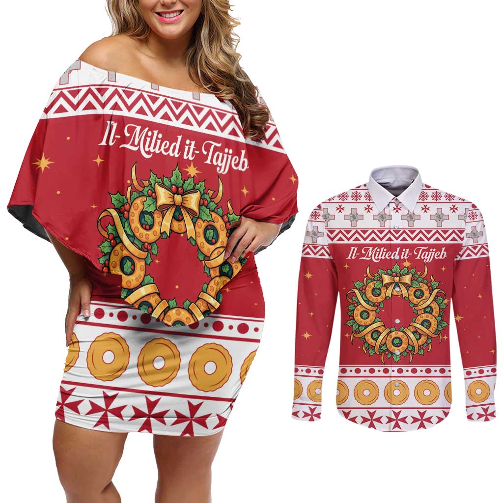 Malta Christmas Couples Matching Off Shoulder Short Dress and Long Sleeve Button Shirt Maltese Honey Rings - Wonder Print Shop