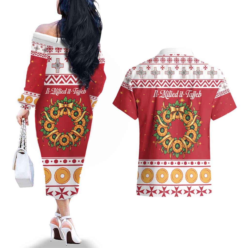 Malta Christmas Couples Matching Off The Shoulder Long Sleeve Dress and Hawaiian Shirt Maltese Honey Rings - Wonder Print Shop