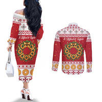 Malta Christmas Couples Matching Off The Shoulder Long Sleeve Dress and Long Sleeve Button Shirt Maltese Honey Rings - Wonder Print Shop