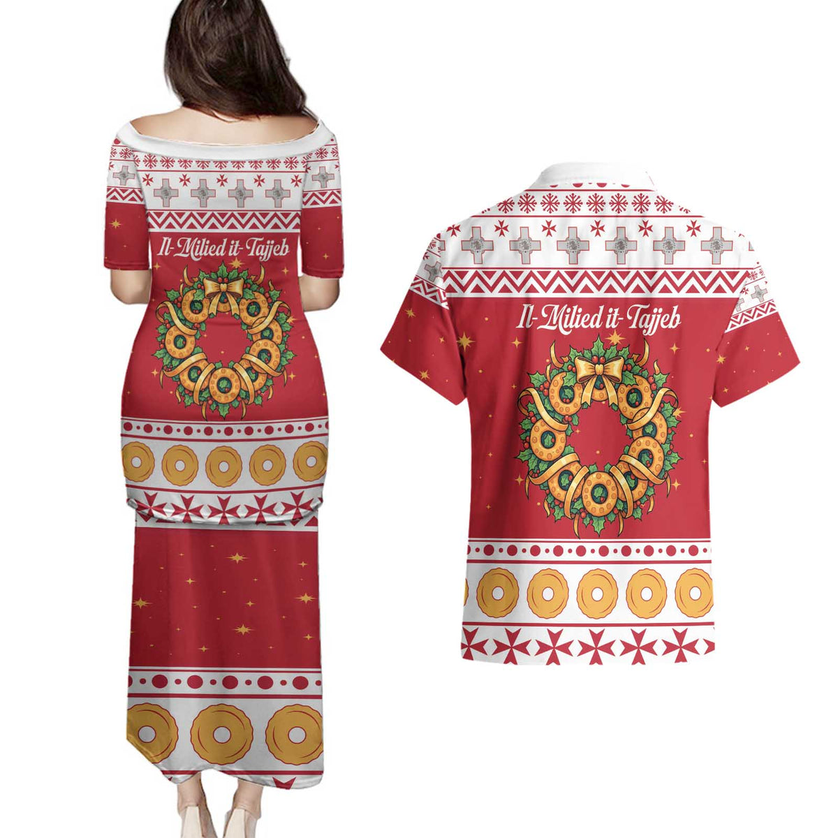 Malta Christmas Couples Matching Puletasi and Hawaiian Shirt Maltese Honey Rings - Wonder Print Shop