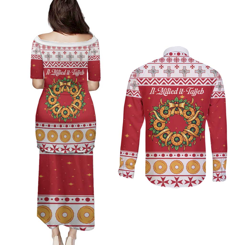 Malta Christmas Couples Matching Puletasi and Long Sleeve Button Shirt Maltese Honey Rings - Wonder Print Shop