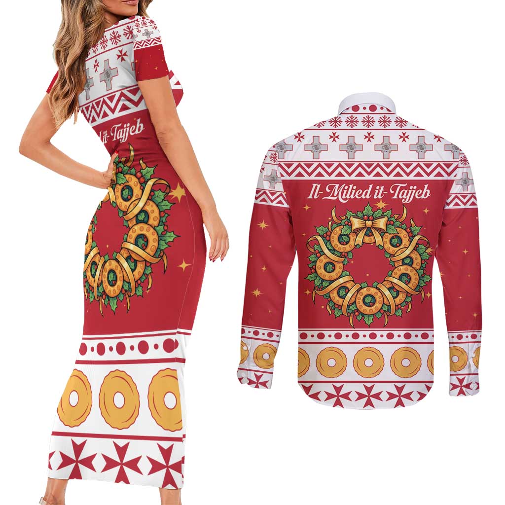 Malta Christmas Couples Matching Short Sleeve Bodycon Dress and Long Sleeve Button Shirt Maltese Honey Rings - Wonder Print Shop