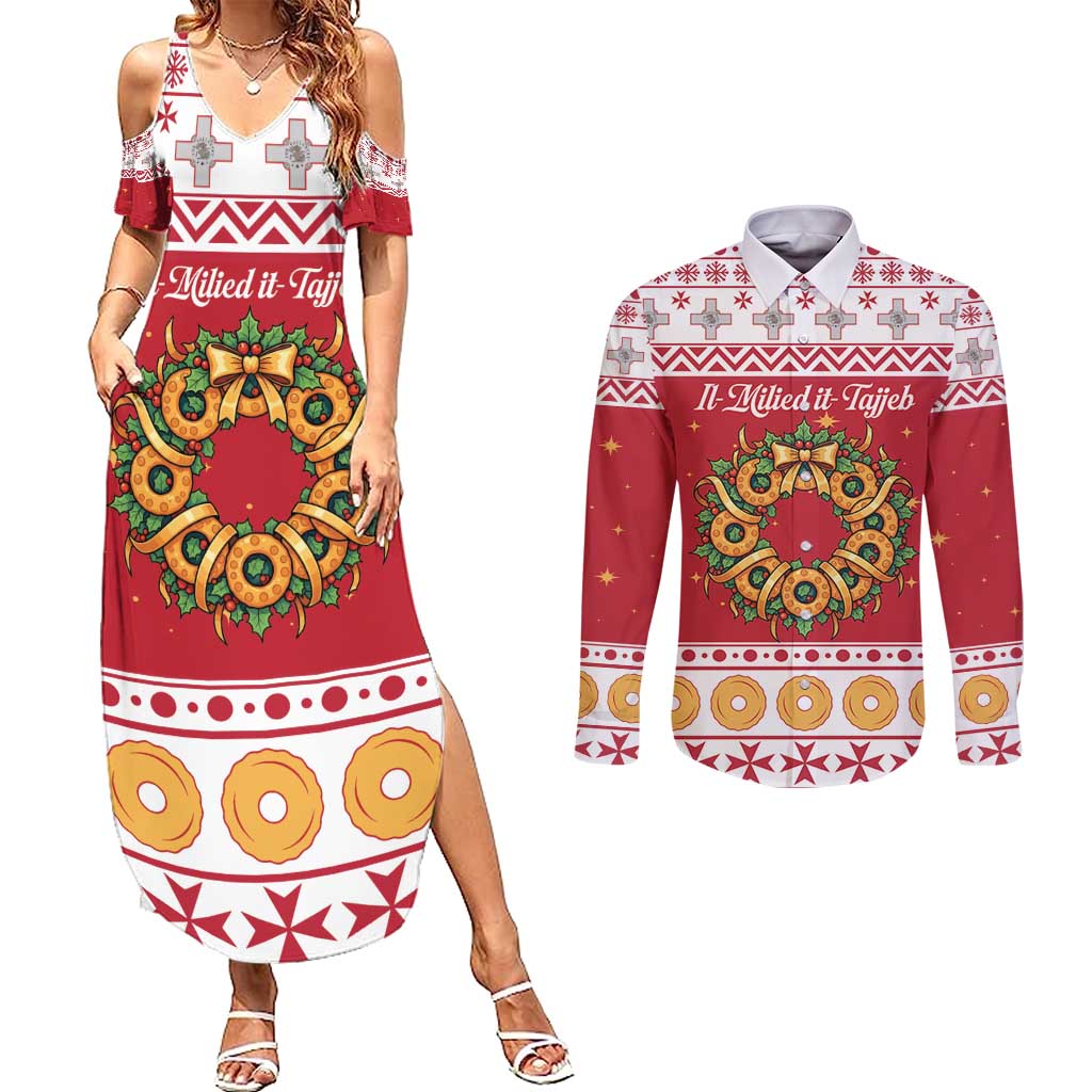 Malta Christmas Couples Matching Summer Maxi Dress and Long Sleeve Button Shirt Maltese Honey Rings - Wonder Print Shop