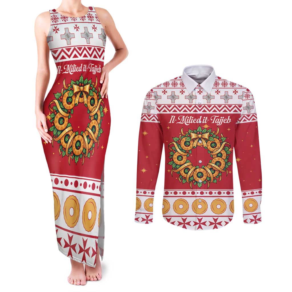 Malta Christmas Couples Matching Tank Maxi Dress and Long Sleeve Button Shirt Maltese Honey Rings - Wonder Print Shop