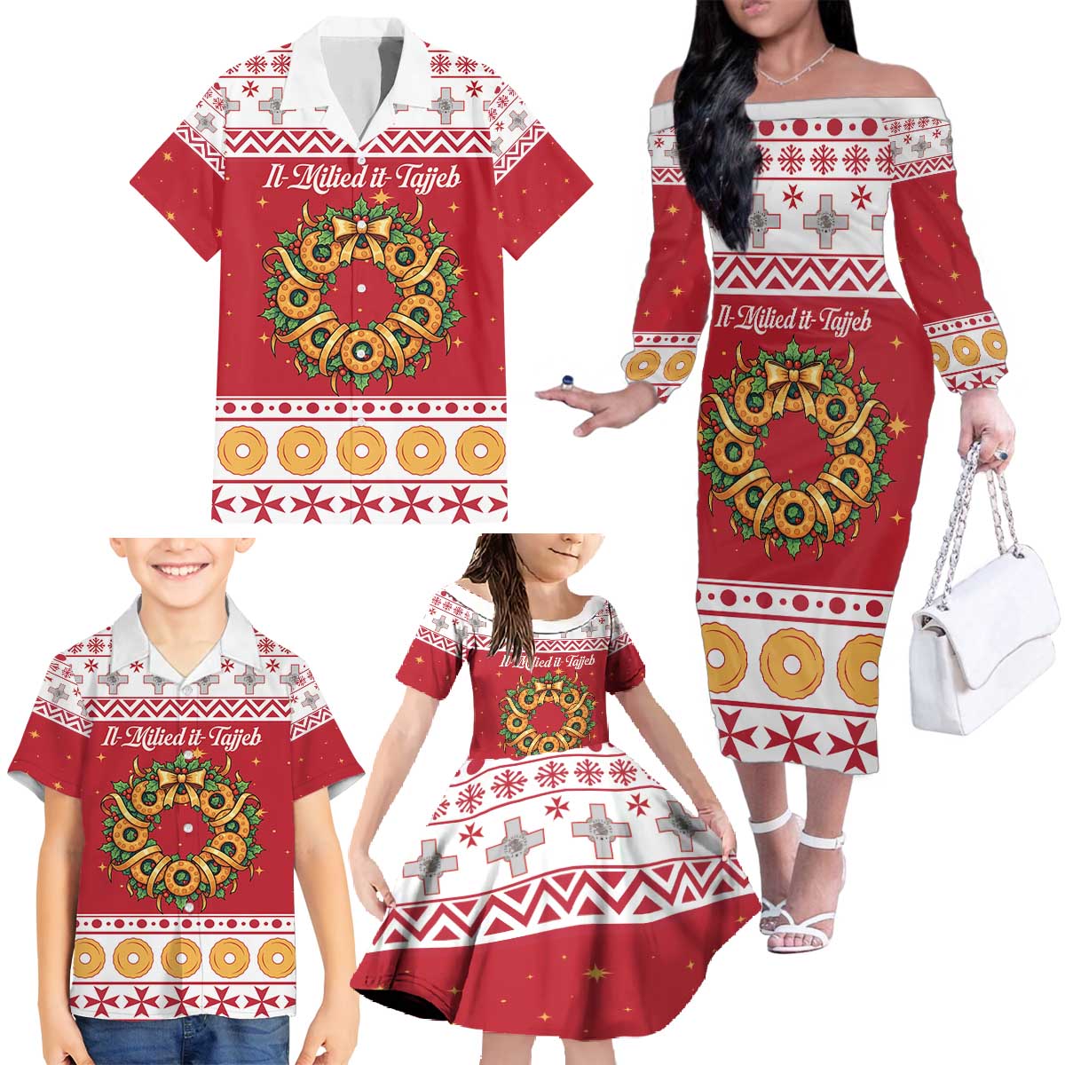 Malta Christmas Family Matching Off The Shoulder Long Sleeve Dress and Hawaiian Shirt Maltese Honey Rings - Wonder Print Shop