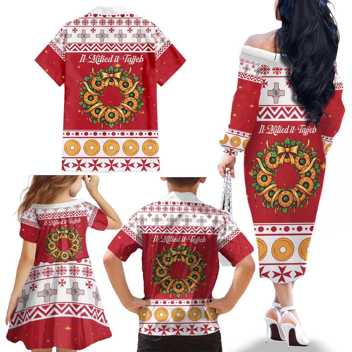 Malta Christmas Family Matching Off The Shoulder Long Sleeve Dress and Hawaiian Shirt Maltese Honey Rings - Wonder Print Shop