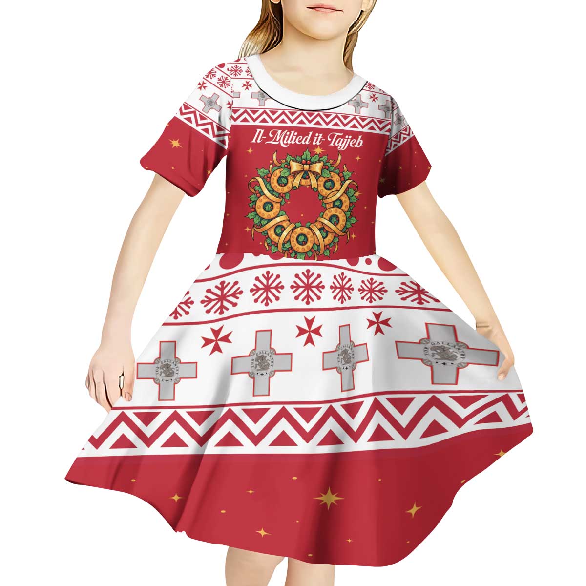 Malta Christmas Kid Short Sleeve Dress Maltese Honey Rings - Wonder Print Shop