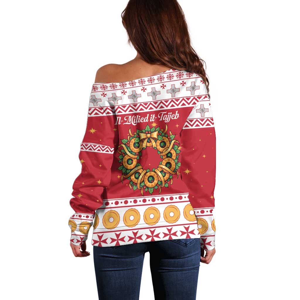 Malta Christmas Off Shoulder Sweater Maltese Honey Rings - Wonder Print Shop