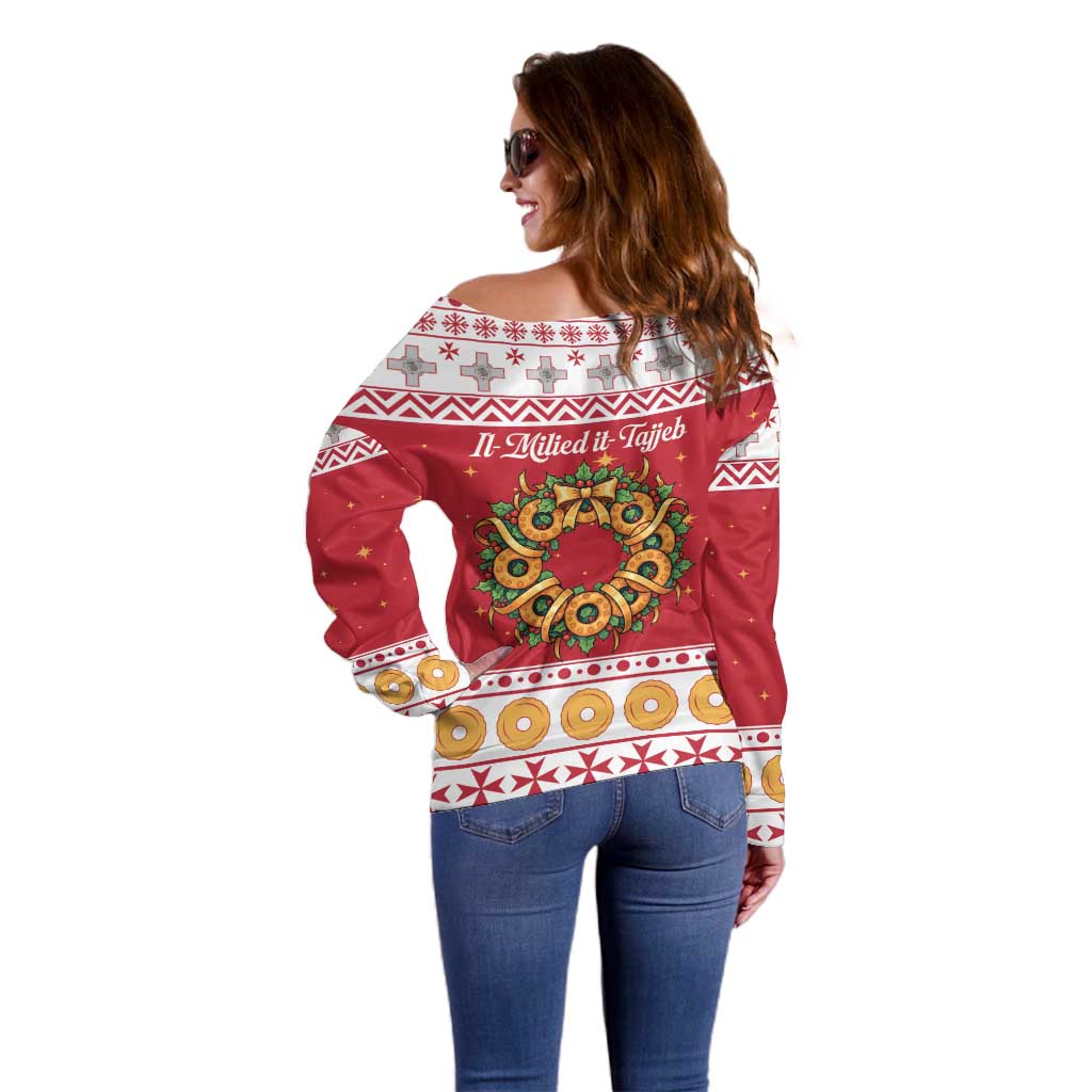 Malta Christmas Off Shoulder Sweater Maltese Honey Rings - Wonder Print Shop