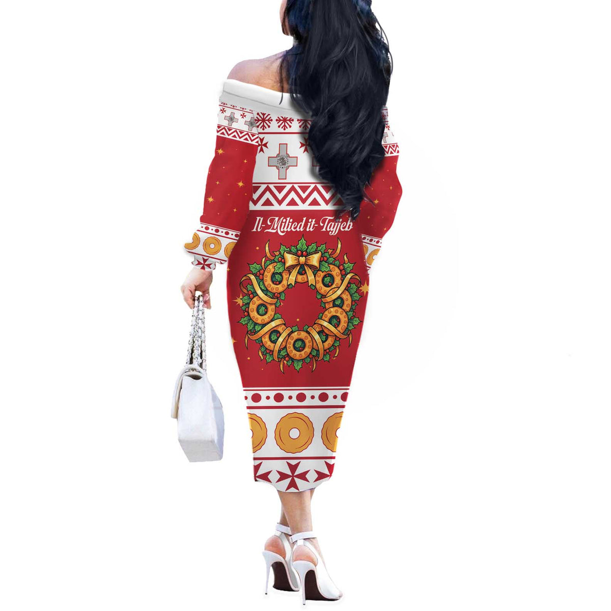 Malta Christmas Off The Shoulder Long Sleeve Dress Maltese Honey Rings - Wonder Print Shop