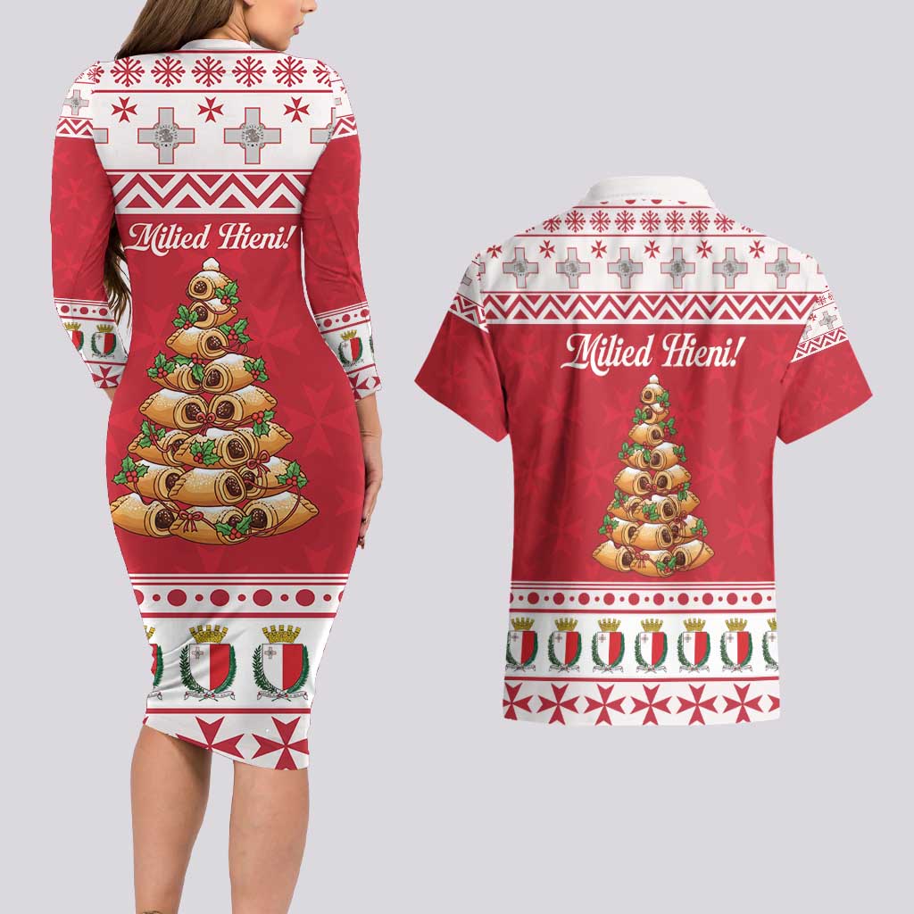 Traditional Maltese Imqaret Pastry Couples Matching Long Sleeve Bodycon Dress and Hawaiian Shirt Malta Imqaret Christmas Tree - Wonder Print Shop